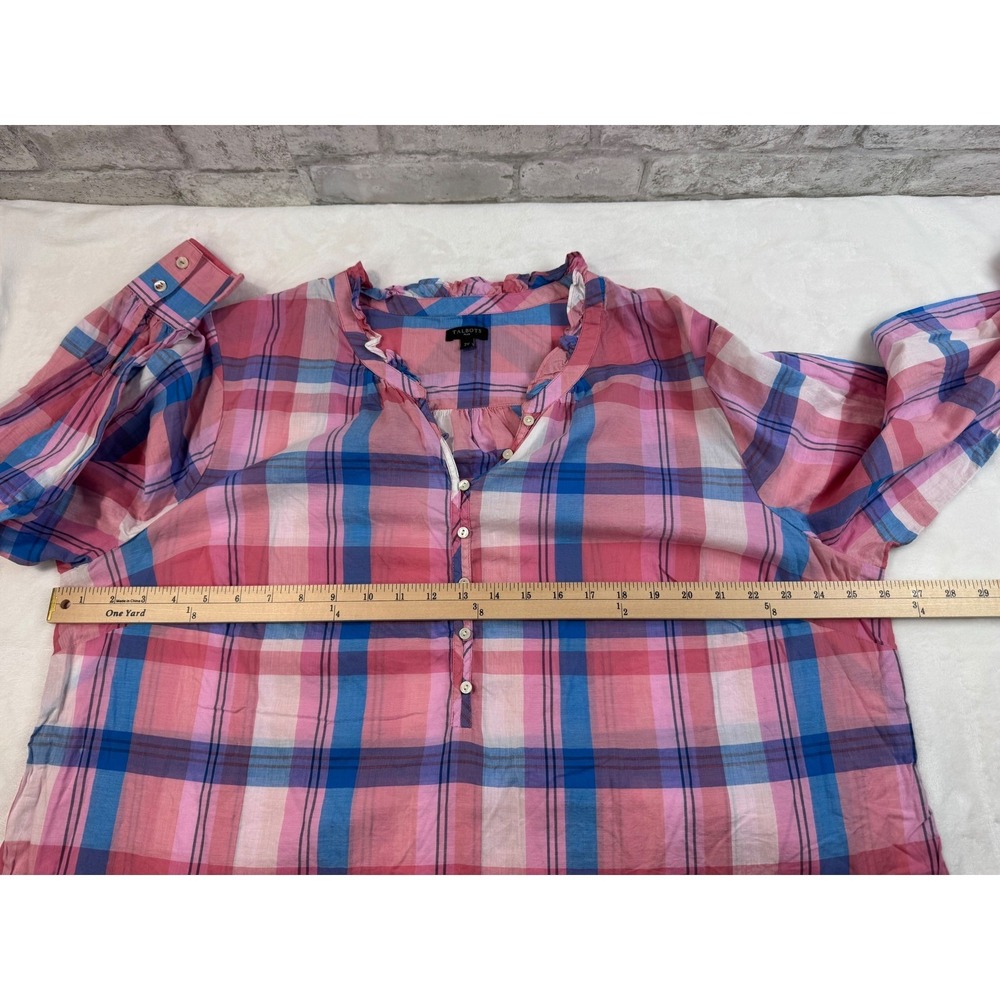 Talbots Popover‎ Top Blouse Pink Plaid Ruffle Henley V-neck Long Sleeve Size 2X - Picture 5 of 9